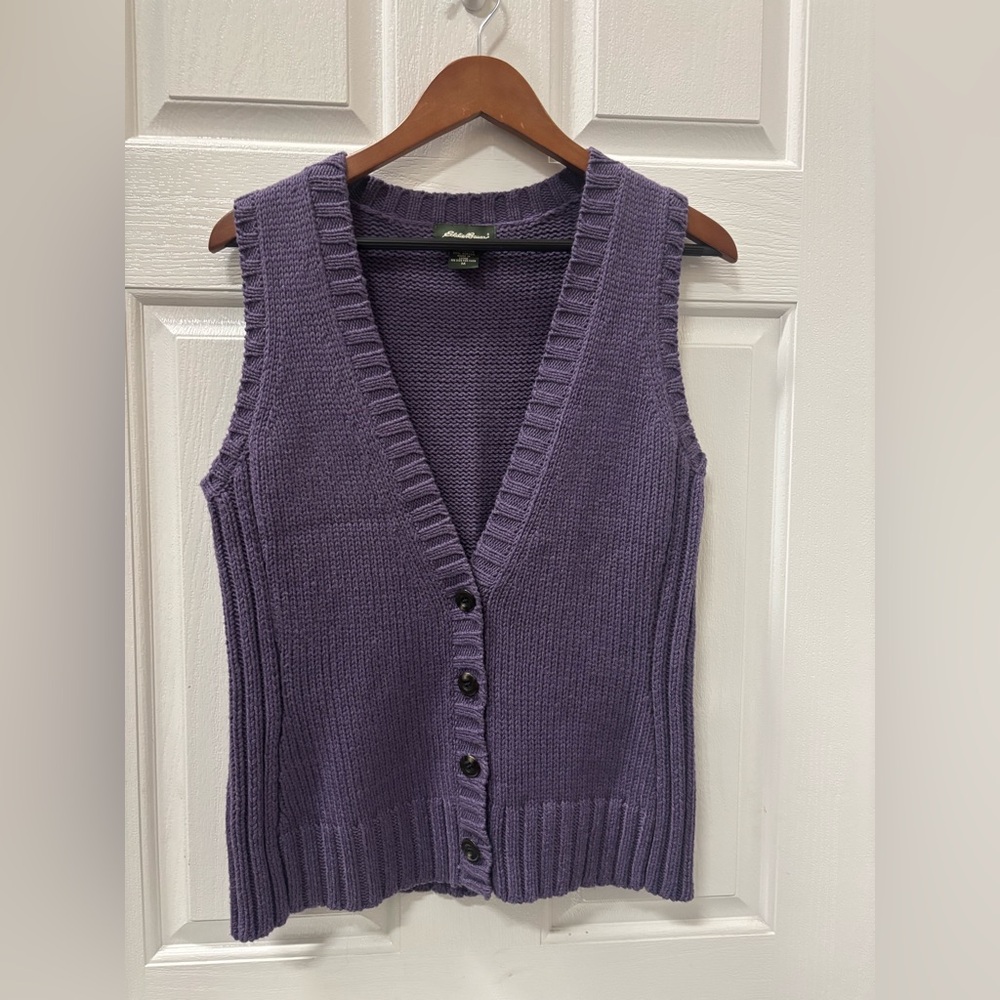 Eddie Bauer purple button-front sweater vest (size M, 61% cotton / 39% acrylic)